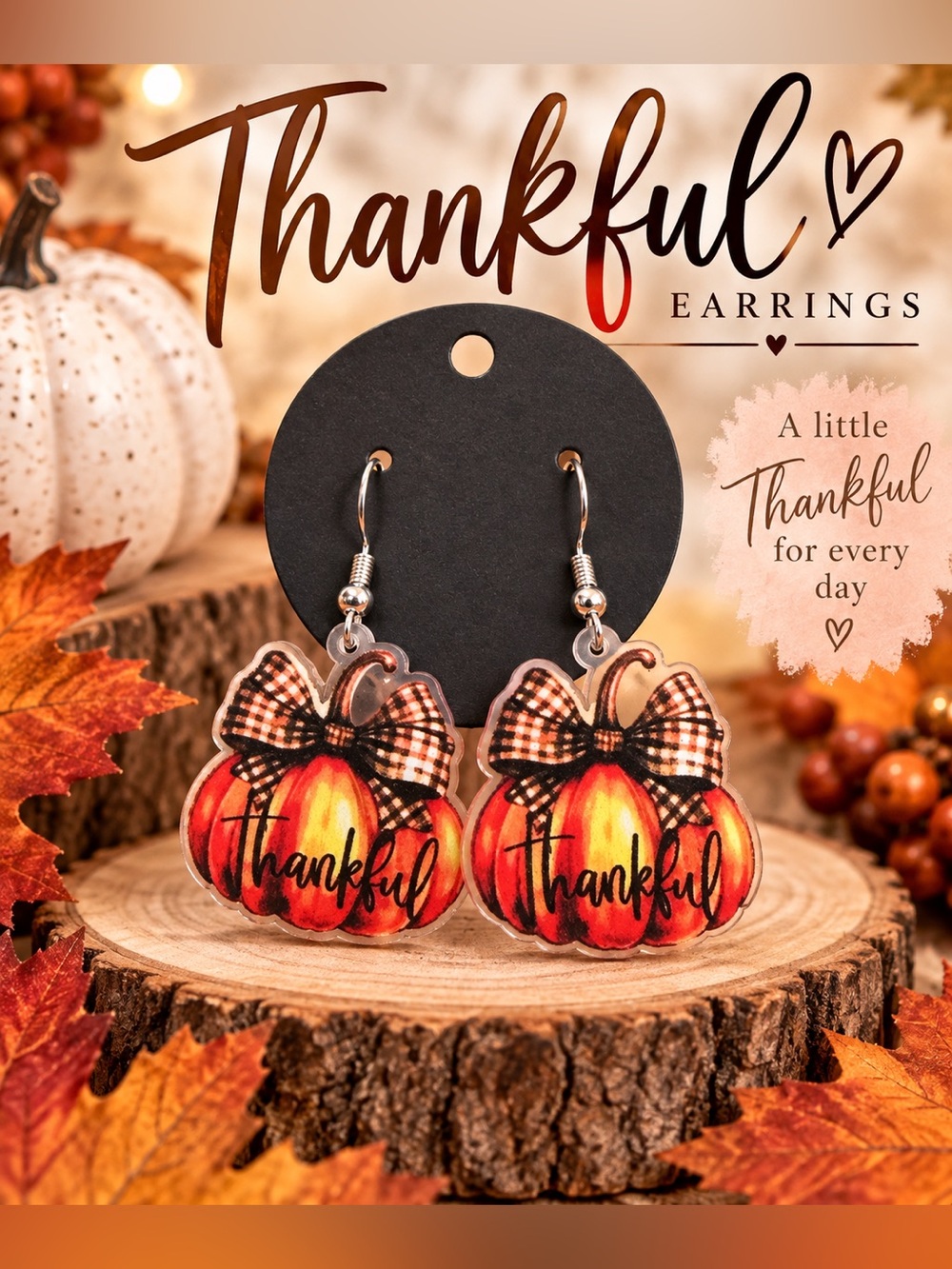 Thankful Pumpkin Gingham Bow Dangle Earrings Fall Thanksgiving Jewelry